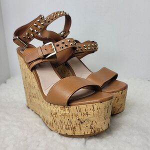 Miu Miu Women's Size 8.5 Brown Studded Spike Ankle Cork Platform Wedge Sandals